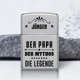 Silber Benzinfeuerzeug mit Namensgravur und Papa, Mythos, Legende Spruch personalisiert zum Vatertag von Love & Faith
