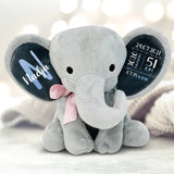 Kuscheltier Elefant zur Geburt mit Name und Geburtsdaten mit rosa Schleife gedruckt von Love & Faith