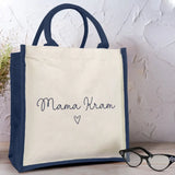 Jutetasche Natur blaue Henkel "Mama Kram" personalisierte Geschenkidee zum Muttertag von Love & Faith