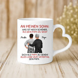 Weiße Tasse Herzhenkel für Vatertag mit Illustration und Namen – Vatertag Geschenkidee von Love & Faith