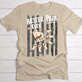 Beiges T-Shirt zum Vatertag mit "Bester Papa Ever" Spruch und Kindernamen mit Fistbump personalisiert von Love & Faith