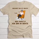 beiges T-Shirt für Rentner mit Spruch und personalisierter Zeichnung zur Rente schenken mit Love & Faith
