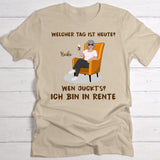 beiges T-Shirt für Rentnerin mit Spruch und personalisierter Zeichnung zur Rente schenken mit Love & Faith