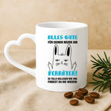 Weiße Tasse mit Herzhenkel zur Verabschiedung von Kollegen mit Namen personalisierte individuelle Geschenkidee von Love & Faith