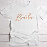 Weißes Damen T-Shirt Brustdruck "Bride" als personalisiertem Spruch als Hochzeitsgeschenkidee von Love & Faith
