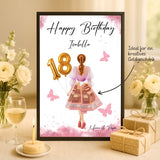 Happy Birthday Poster zum Personalisieren mit eigenem Text und individueller Illustration einer Frau in edlem Kleid - als Idee für Geldgeschenk zum Geburtstag -gedruckt von Love & Faith