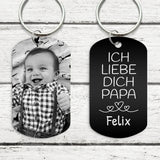 Gravierter schwarzer Schlüsselanhänger aus stabilem Metall mit eigenem Foto und "Ich liebe dich Papa" Spruch für den Vatertag von Love & Faith
