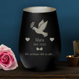 Personalisiertes schwarzes Windlicht mit silber graviertem Design - gefertigt von Love & Faith