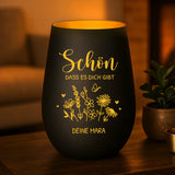 schwarz gold Windlicht persönlich graviert mit "Schön, dass es dich gibt" und Name personalisiert von Love & Faith