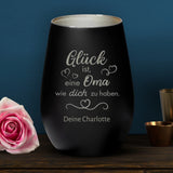 Personalisiertes schwarzes Windlicht mit silber graviertem Design - gefertigt von Love & Faith