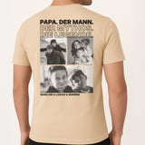 Sand T-Shirt mit Backprint für Papa mit Spruch und eigenen Fotos personalisieren mit Love & Faith
