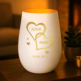 Personalisiertes Windlicht für Paare mit verschiedenen Motiven weiß-gold von Love & Faith