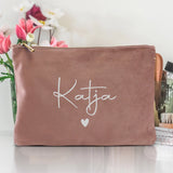 Personalisierte Samt rosequartz silber Kosmetiktasche für MakeUp und Kosmetika mit Namen von Love & Faith
