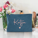 Personalisierte Samt Kosmetiktasche blau rosemetallic zum selbst gestalten mit Namen mit Love & Faith