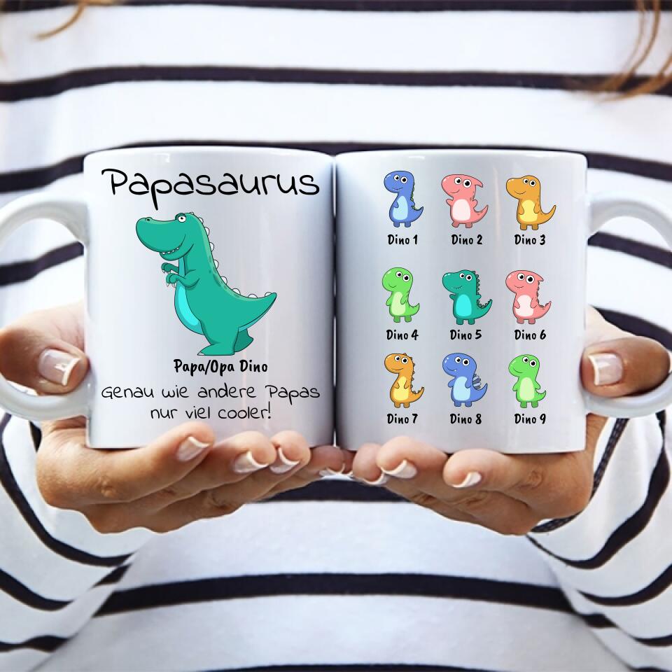 Papasaurus – personalisierte Eltern-Tasse mit Wunschnamen, Geschenk für Papa von Love & Faith