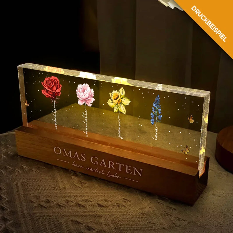 LED Aufsteller 15cm mit Holzsockel mit bis zu 15 Geburtsblumen und Namen personalisieren von Love & Faith