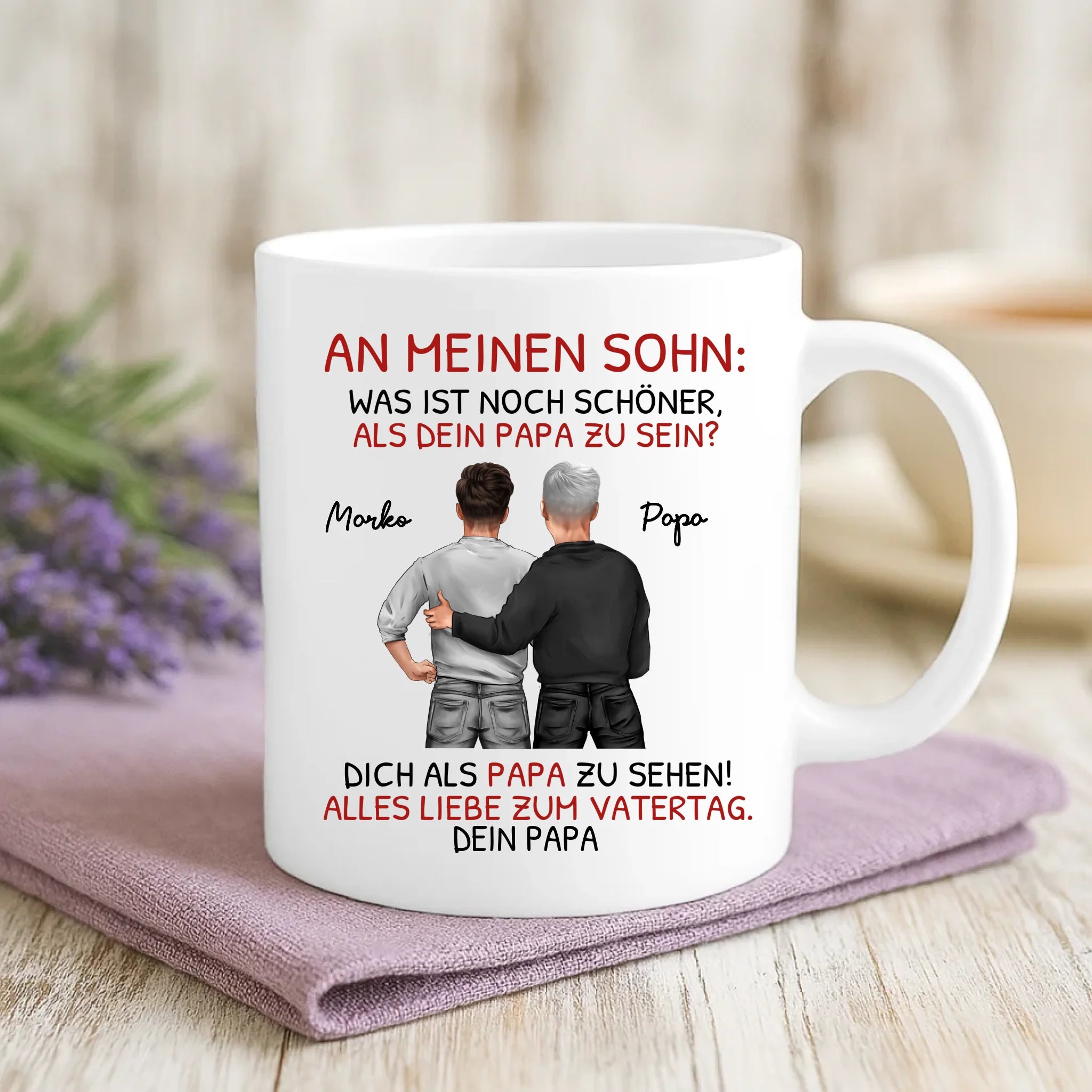 Weiße Tasse für Vatertag mit Illustration und Namen – Vatertag Geschenkidee von Love & Faith