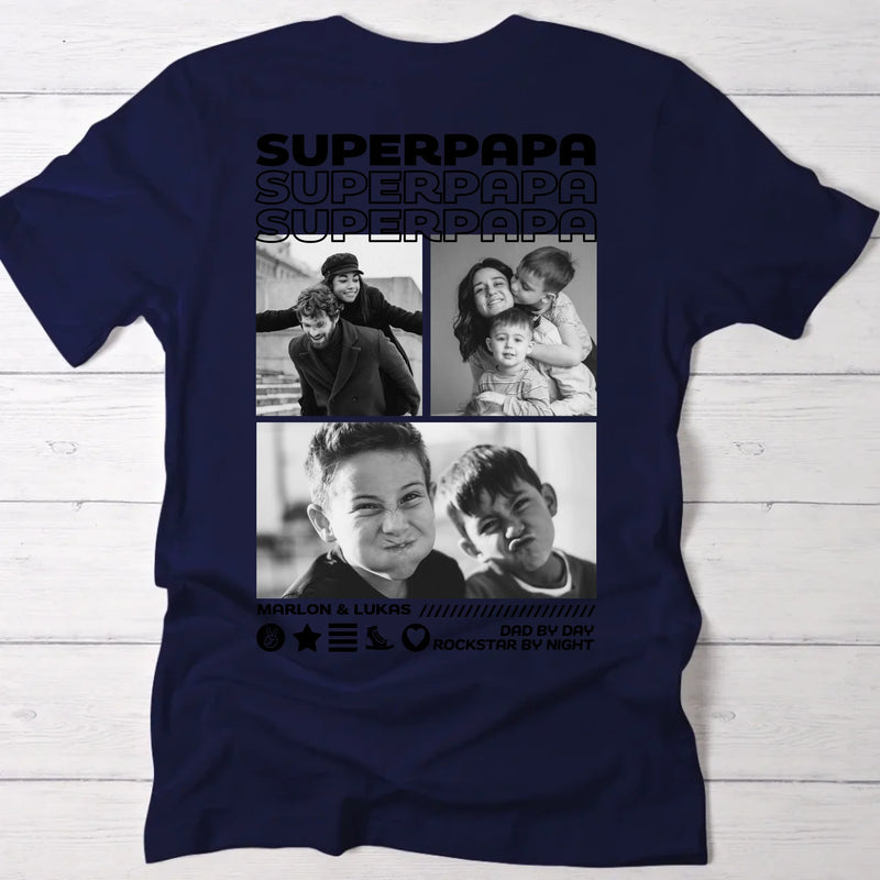 Dunkelblaues Frauen T-Shirt mit Supermama Backprint und eigenem Foto personalisierte Geschenkidee von Love & Faith