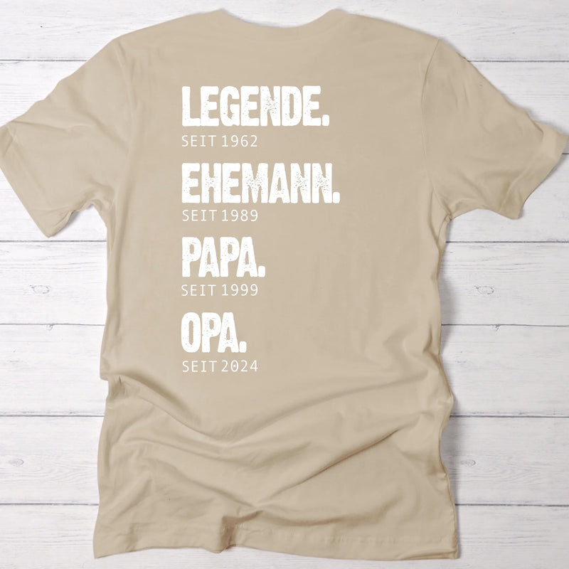 Beiges T-Shirt für Papa mit Legende, Ehemann, Papa Spruch und Jahreszahlen personalisiert von Love & Faith