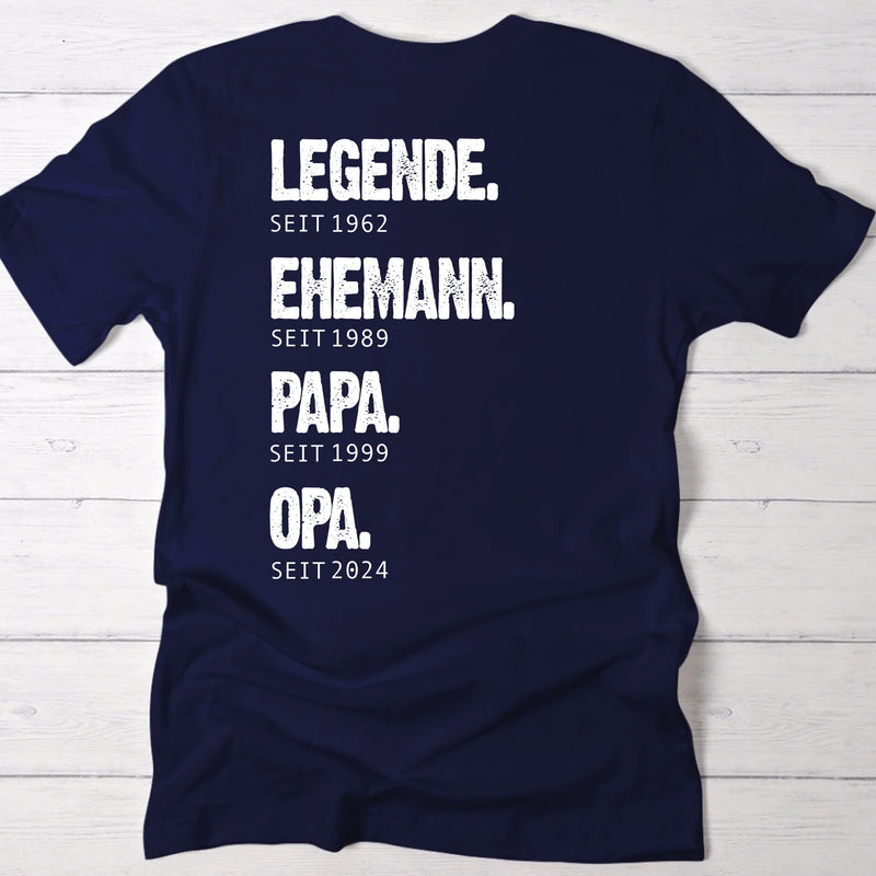 Navyblaues T-Shirt für Papa mit Legende, Ehemann, Papa Spruch und Jahreszahlen personalisiert von Love & Faith