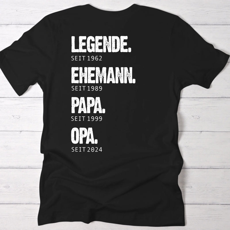Schwarzes T-Shirt für Papa mit Legende, Ehemann, Papa Spruch und Jahreszahlen personalisiert von Love & Faith
