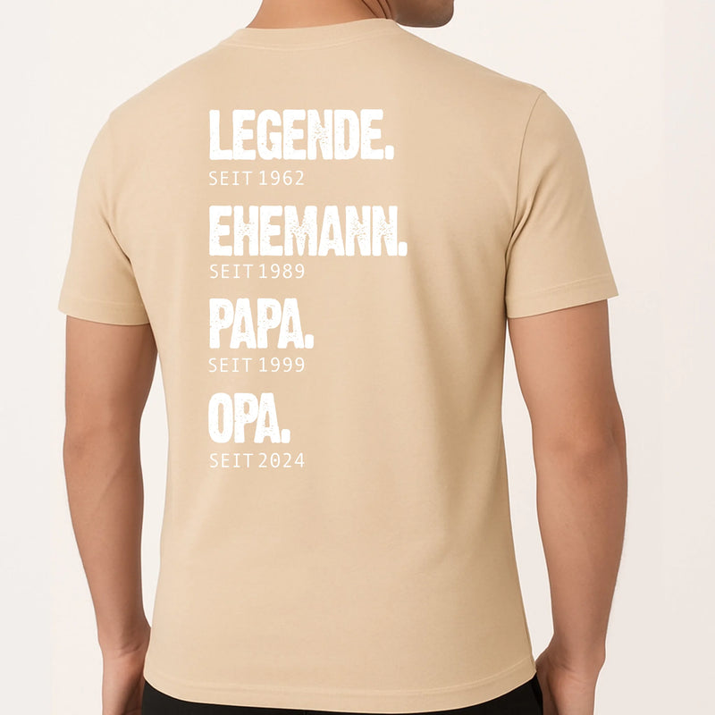 Beige T-Shirt mit Backprint für Papa mit Spruch personalisieren mit Love & Faith