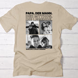 sandfarbenes T-Shirt für Papa zum Vatertag mit Fotos und Kindernamen personalisiert von Love & Faith