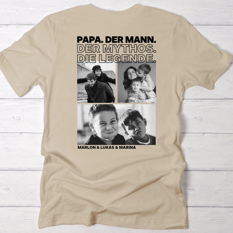 sandfarbenes T-Shirt für Papa zum Vatertag mit Fotos und Kindernamen personalisiert von Love & Faith