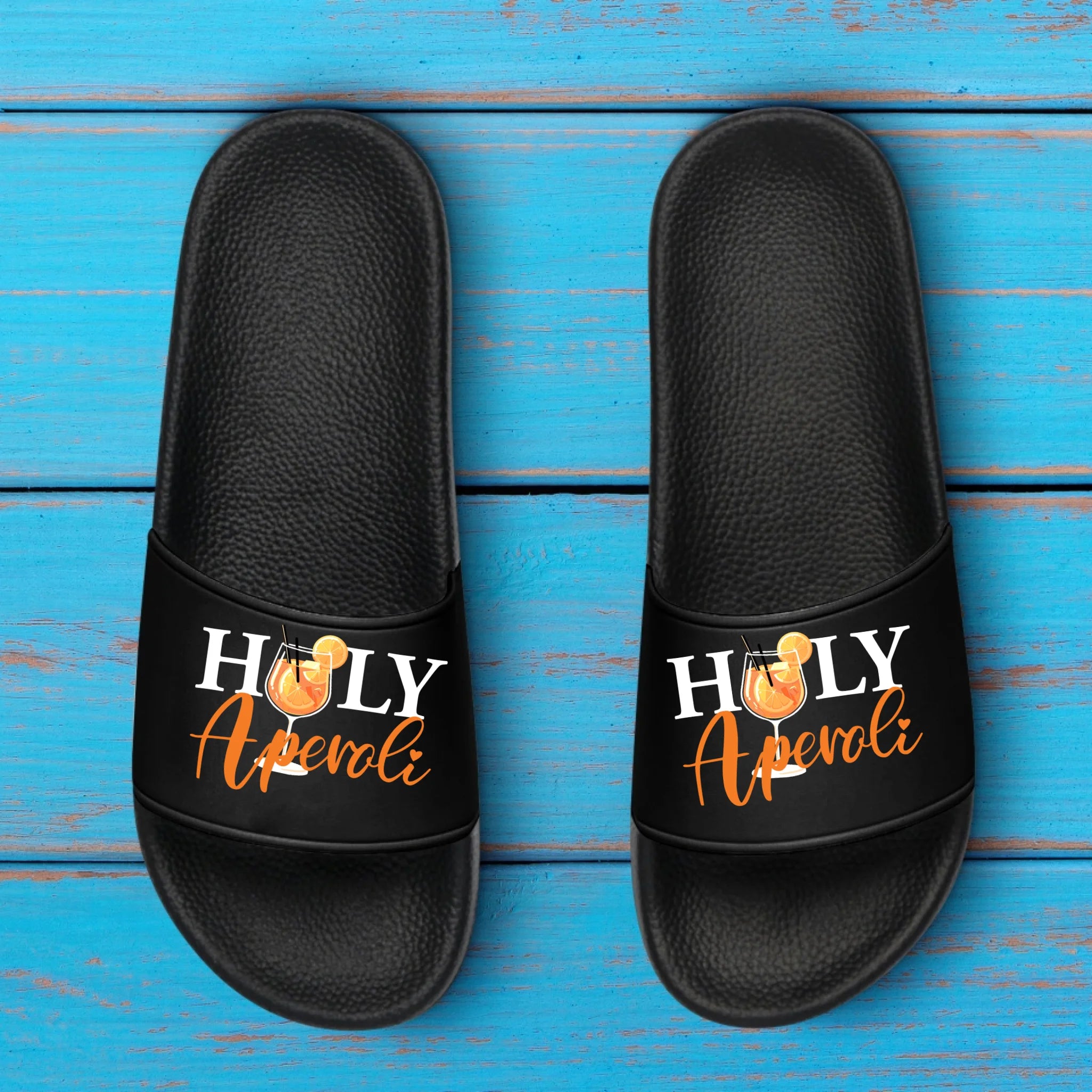 schwarze Badeschlappen Holy Aperoli personalisiert von Love & Faith