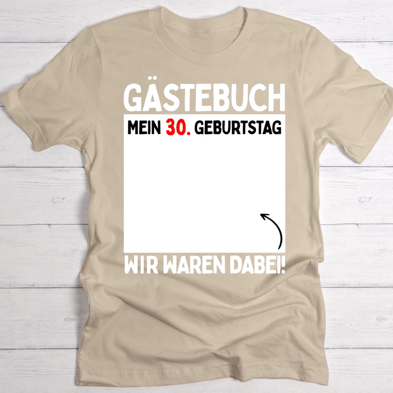 beiges T-Shirt mit Fläche für Unterschriften als Party-Gästebuch Geburtstagsidee von Love & Faith