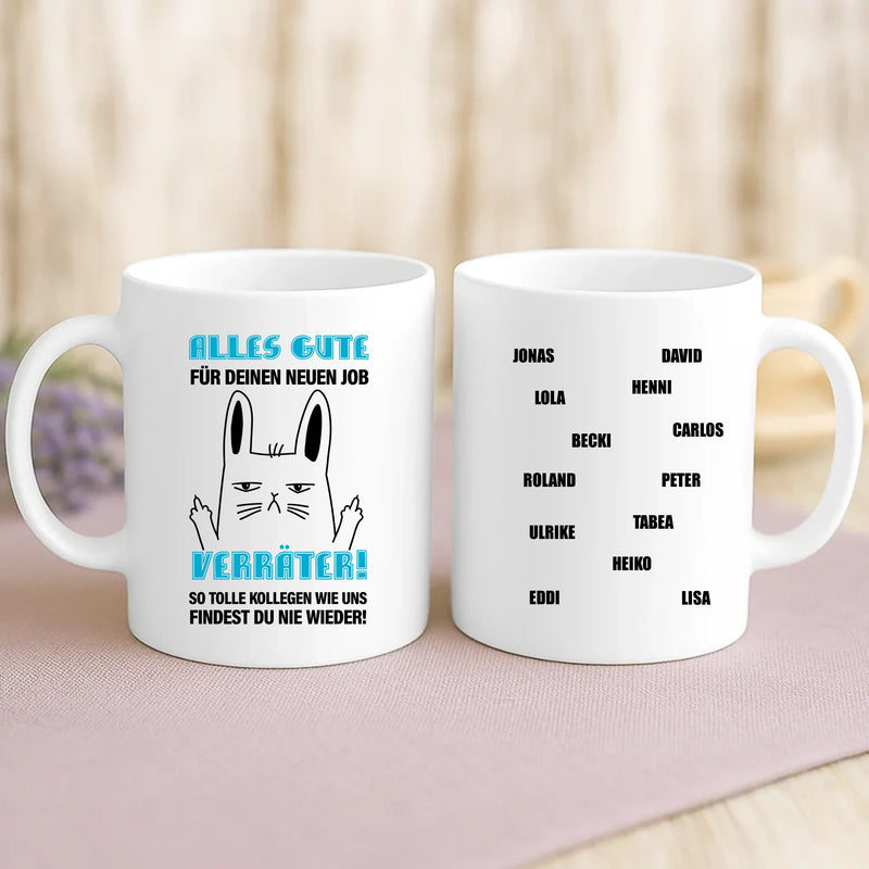 Weiße Tasse zur Verabschiedung von Kollegen mit Namen personalisierte individuelle Geschenkidee von Love & Faith