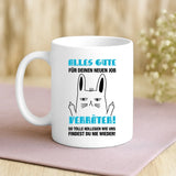 Weiße Tasse zur Verabschiedung von Kollegen mit Namen personalisierte individuelle Geschenkidee von Love & Faith