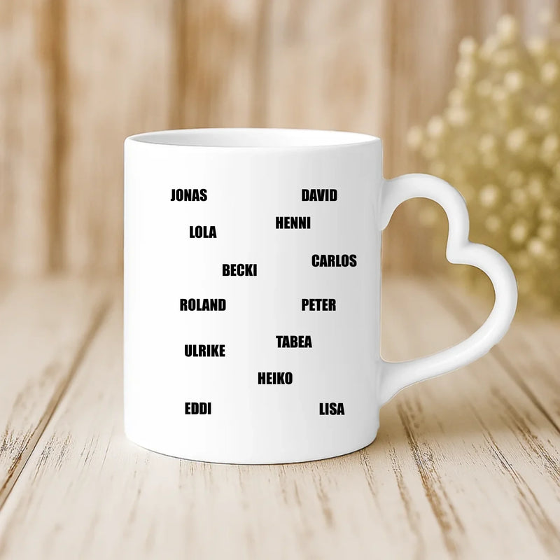 Weiße Tasse mit Herzhenkel zur Verabschiedung von Kollegen mit Namen personalisierte individuelle Geschenkidee von Love & Faith