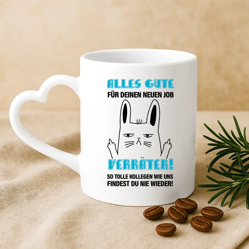 Weiße Tasse mit Herzhenkel zur Verabschiedung von Kollegen mit Namen personalisierte individuelle Geschenkidee von Love & Faith