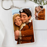 Personalisierter transparenter Acrylschlüsselanhänger 5,4cm x 8,6cm mit Cartoon aus eigenem Foto gefertigt von Love & Faith