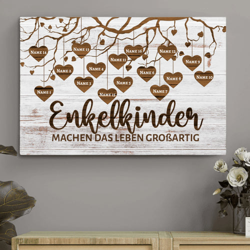 Leinwand im rustikalen Stil mit bis 16 Namen personalisieren für Großeltern und Eltern als Geschenkidee von Love & Faith