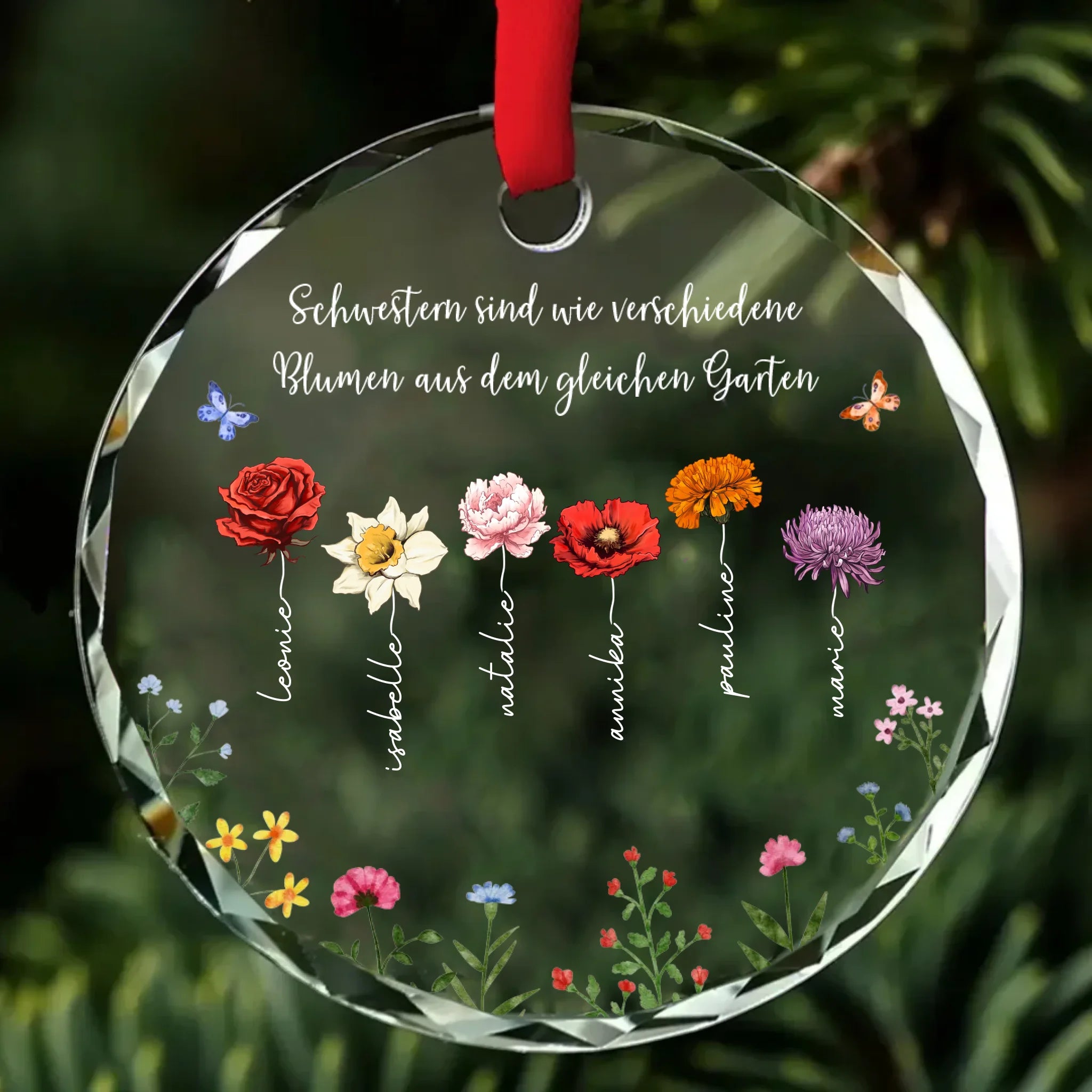 Personalisiertes Ornament aus geschliffenem Glas zu Weihnachten für Geschwister Schwestern