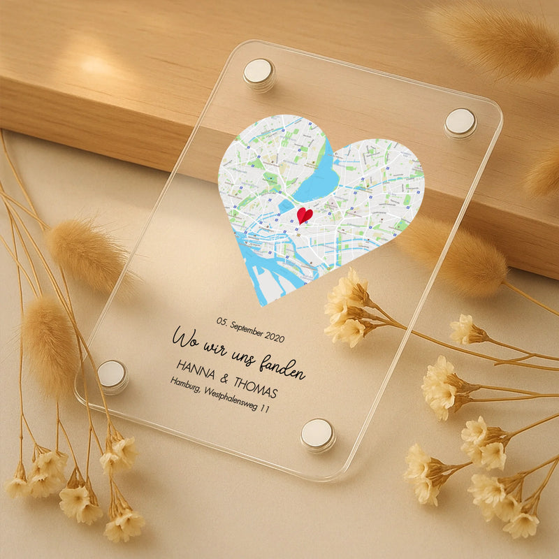 Acrylmagnet mit Paar Treffpunkt und Jahrestag personalisiert von Love & Faith