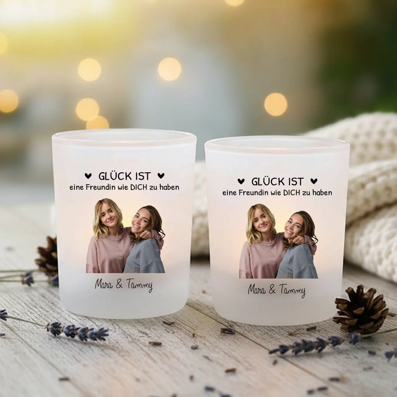 Personalisierter Teelichthalter für Freundinnen mit mit Foto-Upload und Spruch von Love & Faith