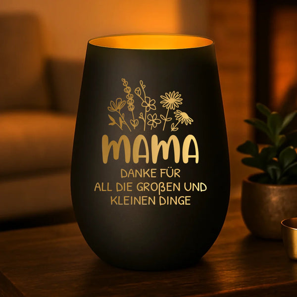 schwarzgold Windlicht graviert mit Danke Mama und Kindernamen personalisiert von Love & Faith