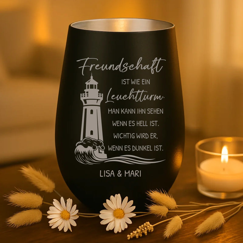 Graviertes Freundschafts-Windlicht schwarz-silber mit Leuchtturm und Namen von Love & Faith