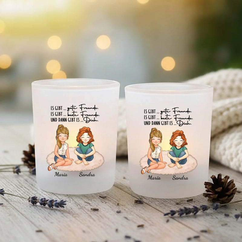 Personalisierter Teelichthalter für Freundinnen mit Clipart und Namen von Love & Faith