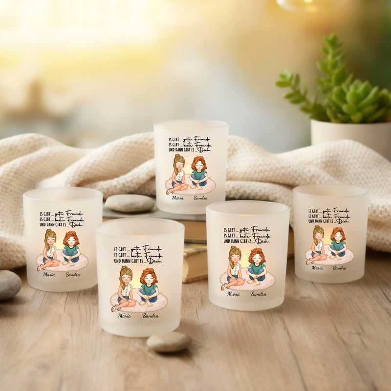 Personalisierter Teelichthalter für Freundinnen mit Clipart und Namen von Love & Faith