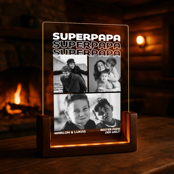 eckiger LED Aufsteller Portrait mit Holzsockel mit eigenen Fotos personalisiert von Love & Faith