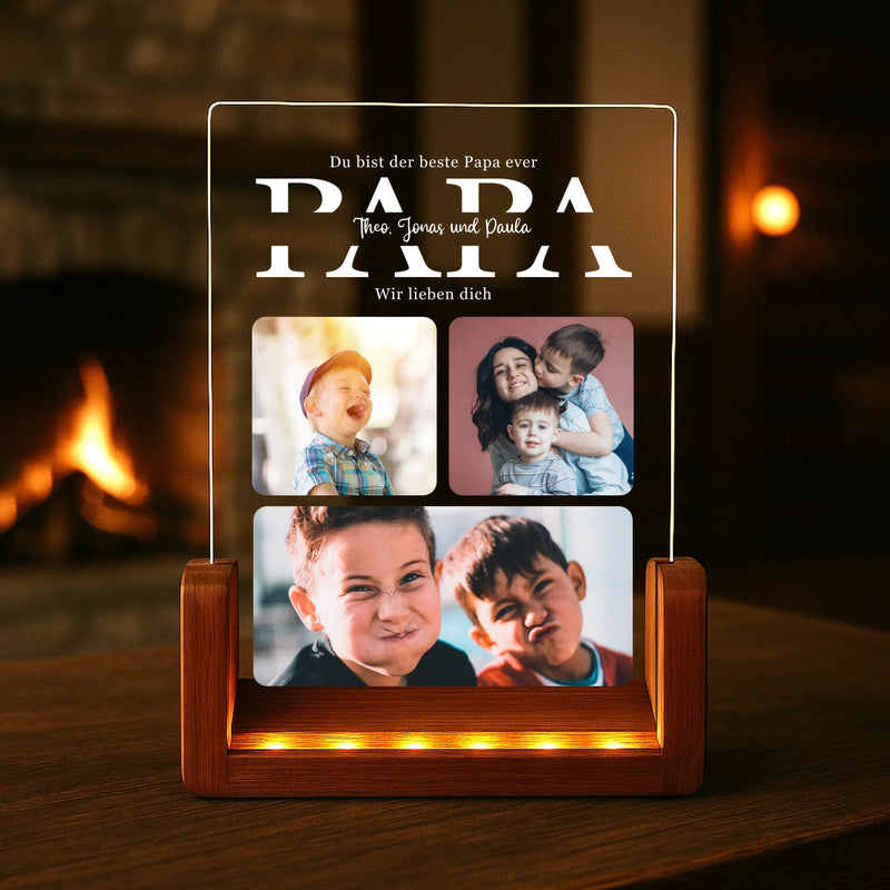 eckiges LED Licht mit Holzsockel mit eigenen Farbfotos als Geschenk zum Vatertag personalisiert von Love & Faith
