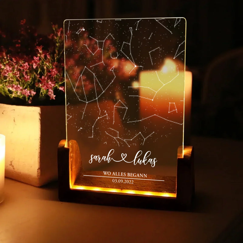 Eckiger LED Aufsteller Sternenhimmel mit Namen als Geschenkidee zum Jahrestag von Love & Faith