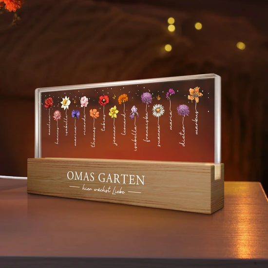 LED Aufsteller 20cm mit Holzsockel mit bis zu 15 Geburtsblumen und Namen personalisieren von Love & Faith