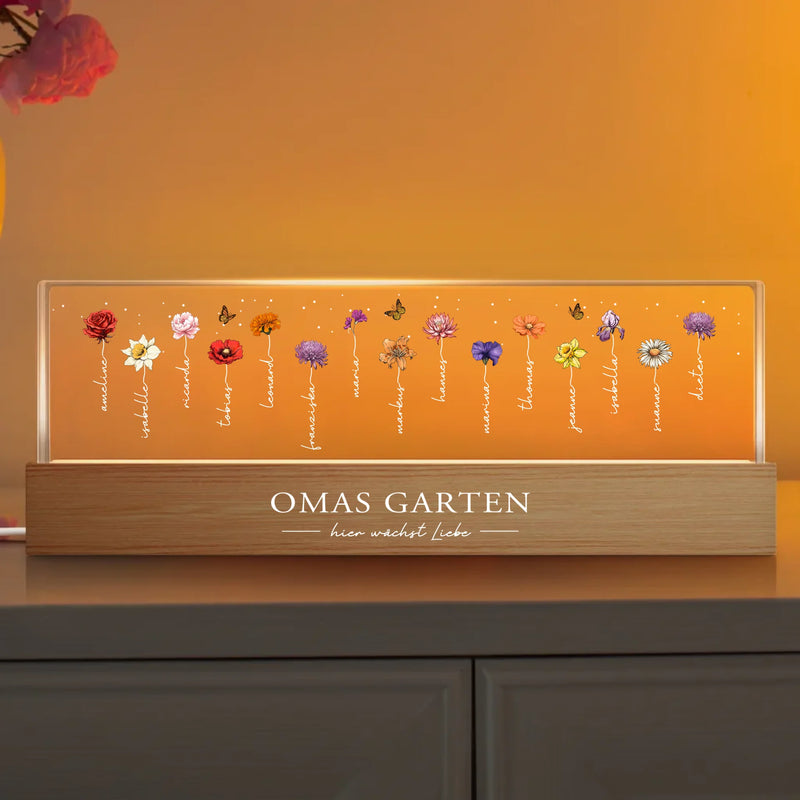 LED Aufsteller 25cm mit Holzsockel mit bis zu 15 Geburtsblumen und Namen personalisieren von Love & Faith