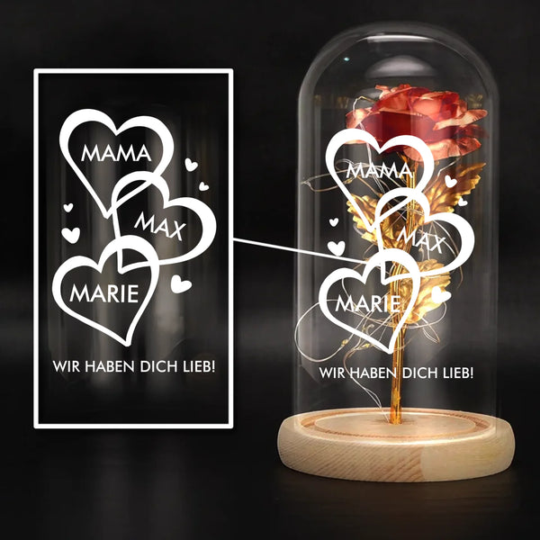 Ewige Rose im Glas LED Deko mit gedruckten Herzen mit Namen - personalisierte Geschenkidee von Love & Faith