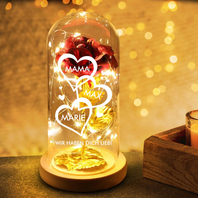 Ewige Rose im Glas LED Deko mit gedruckten Herzen mit Namen - personalisierte Geschenkidee von Love & Faith